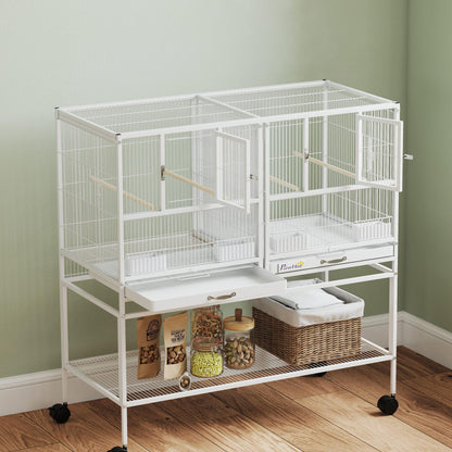Pawhut Jaula Para Pájaros Con Ruedas Comederos Estante 95x45,5x102 Cm Blanco_4