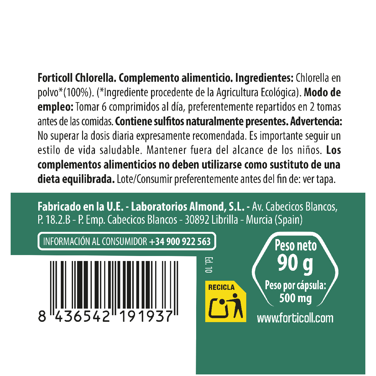 Chlorella Vita Superlife Forticoll 180 comprimidos, 90 gr