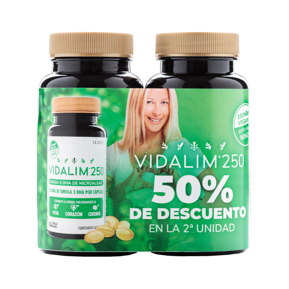 VIDALIM 250 VEGANO. PACK 2ª UNIDAD 50% DESCUENTO. Omega 3 de microalgas con 250 mg de DHA – Pack 120 Cápsulas Vidalim_0