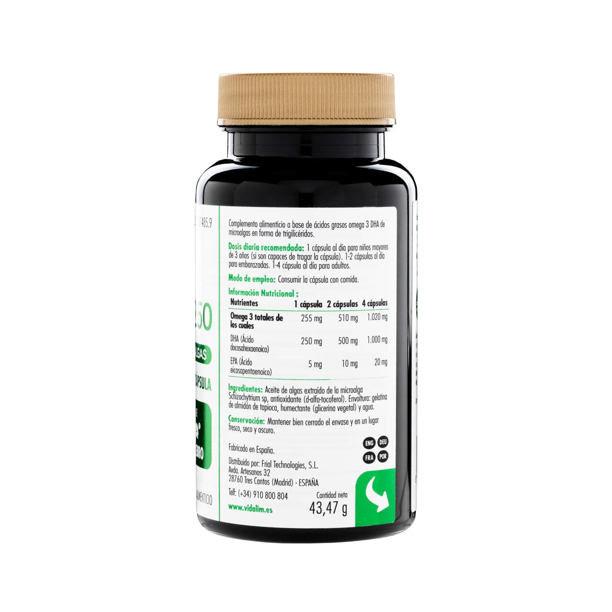 VIDALIM 250 VEGANO. Omega 3 Vegano de microalgas con 250 mg de DHA – 60 Cápsulas Vidalim_1