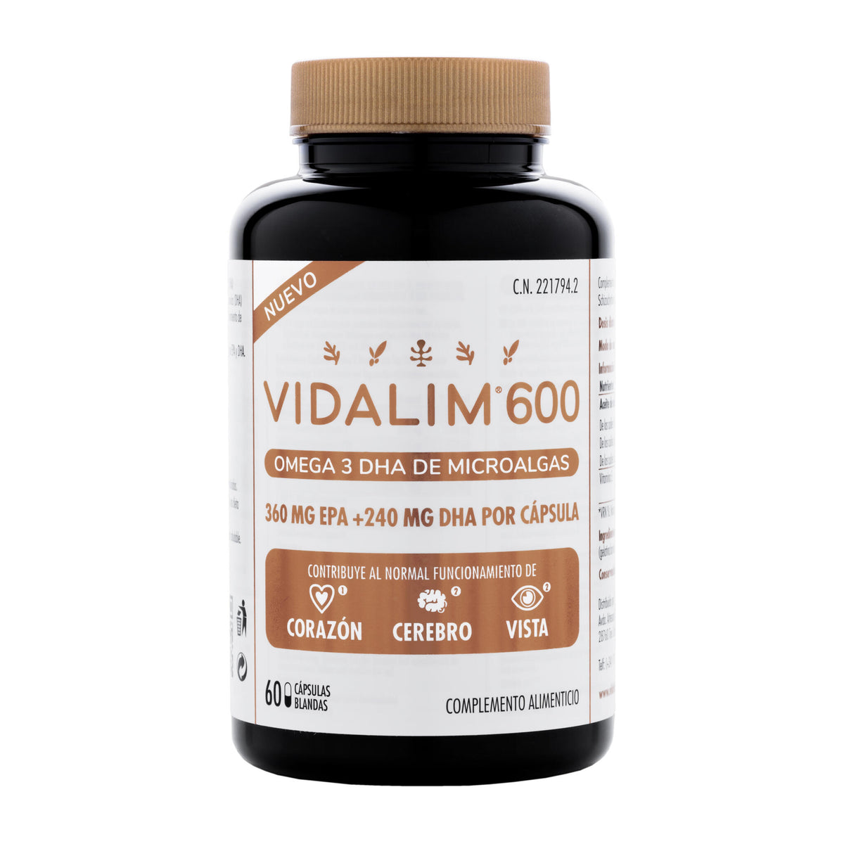 VIDALIM 600. PACK 2ª UNIDAD 50% DESCUENTO. Omega 3 de microalgas 360 mg EPA y 240 mg DHA - Pack 120 Cápsulas Vidalim_1