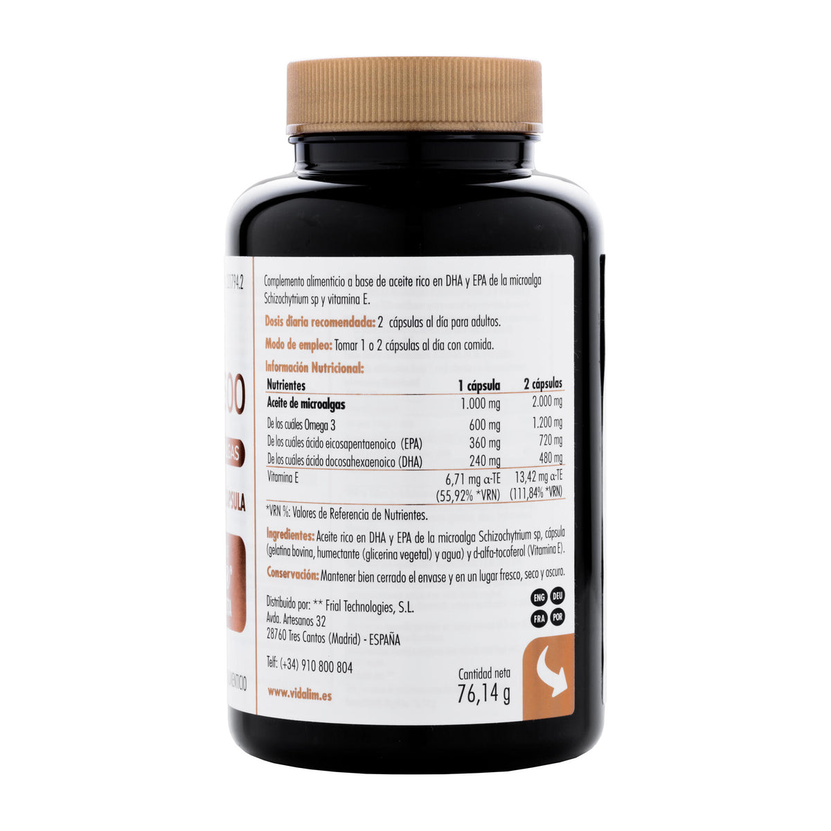 VIDALIM 600. Omega 3 de microalgas con 360 mg de EPA y 240 mg de DHA – 60 Cápsulas Vidalim_1