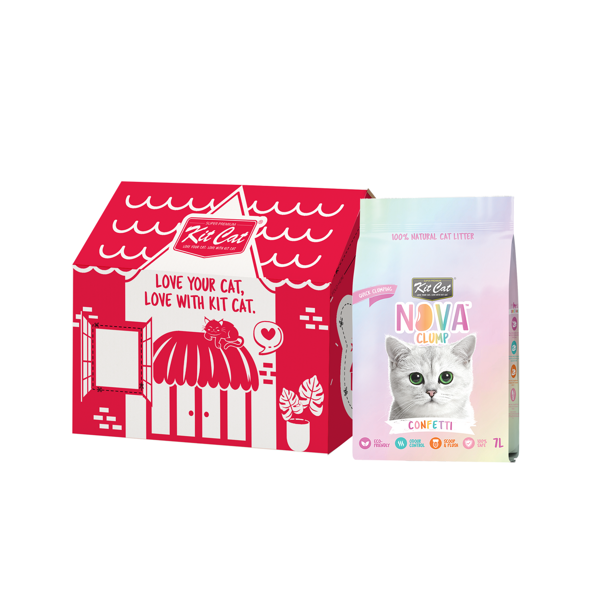 Kit Cat Arena Eco Nova Clump - Confetti 7 L Arena para gatos - Mezcla de Original, Fresa y Lavanda