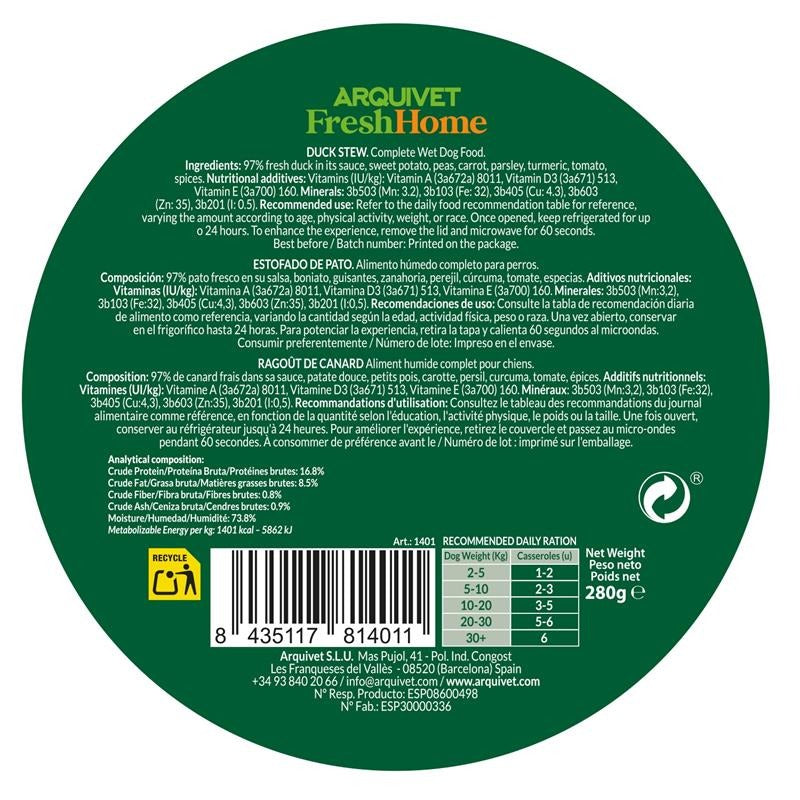 Arquivet Fresh Home Duck Stew Alimento húmedo de pato para perros 280 g