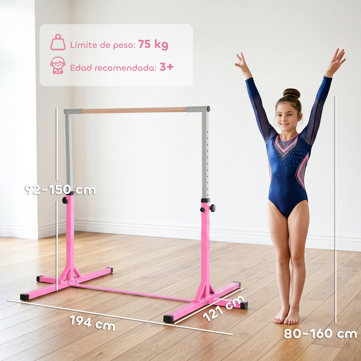 Homcom Barra De Gimnasia Para Niños De +3 Años Con Altura Ajustable 92-150 Cm_2