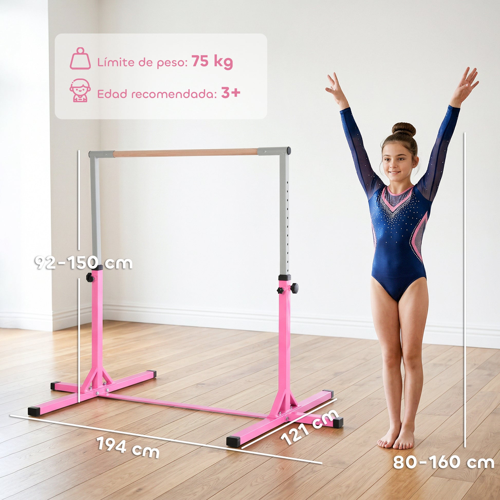 Homcom Barra De Gimnasia Para Niños De +3 Años Con Altura Ajustable 92-150 Cm_2