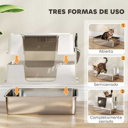 Pawhut Arenero Para Gatos De Acero Inoxidable Xl Con Tapa Abatible Gris Claro_4