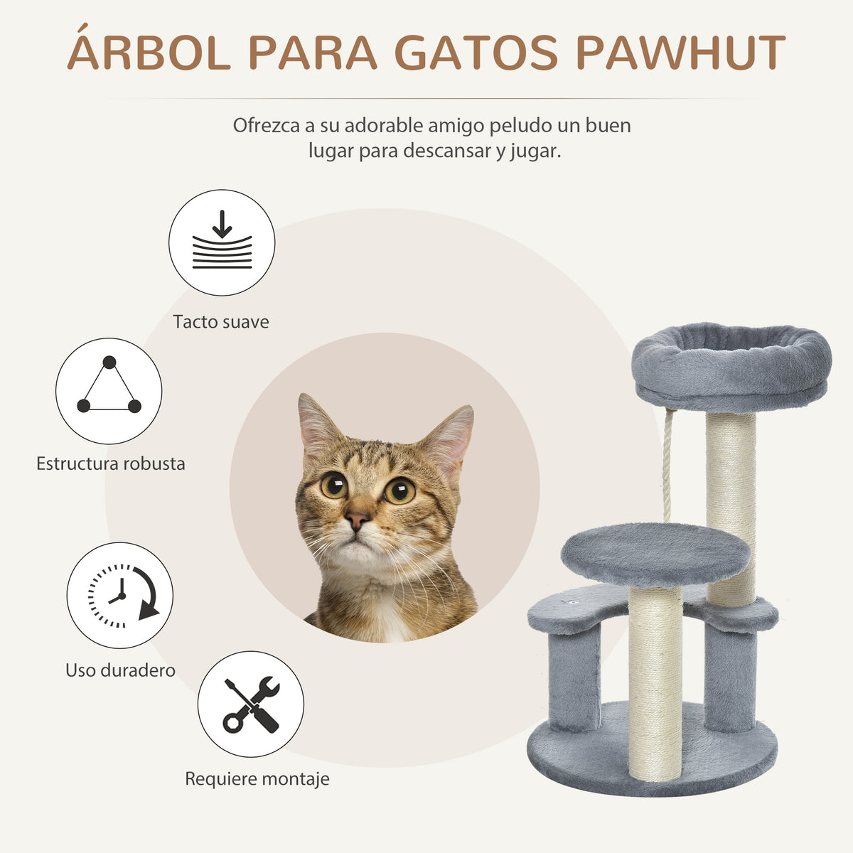 Pawhut Árbol Rascador Para Gatos Con Cama De Felpa Y Postes De Cuerda De Sisal_3