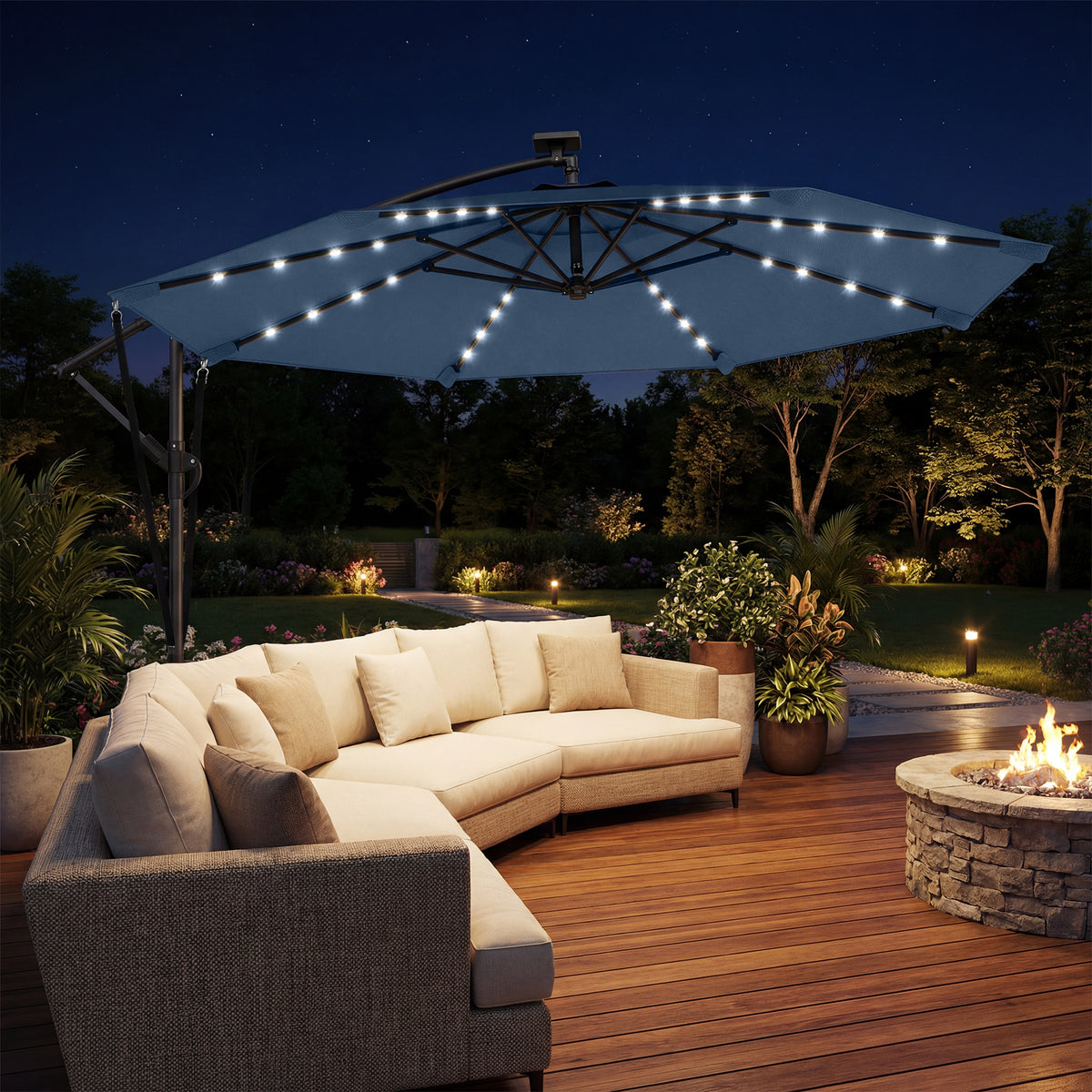 Outsunny Parasol Excéntrico De Aluminio Con Luces Led Base Cruzada Ø345 Cm Azul_1