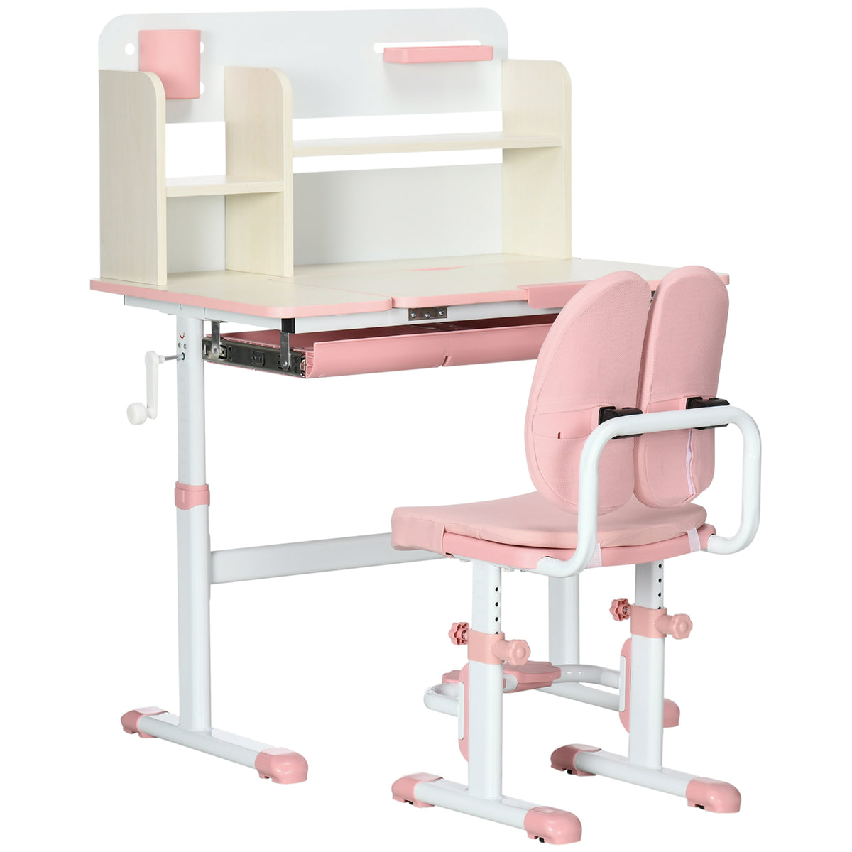 Conjunto De Secretária E Cadeira Crianças Homcom Pp, Mdf, Aço, Poliéster E Espuma Rosa 80x52x88-109 Cm_0