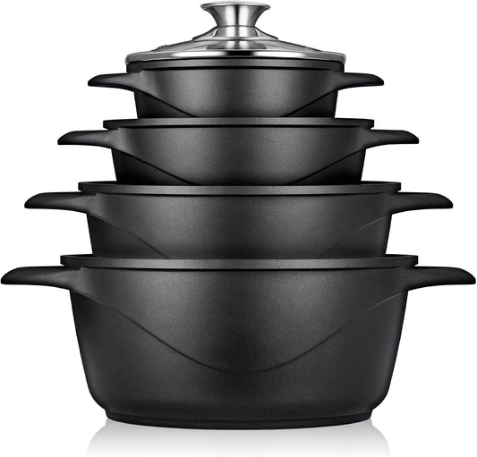 Briebe Batería De Cocina Inducción 8 Piezas Aluminio Fundido 4 Ollas Con Tapa De Cristal Antiadherente, Mgk-12, Negro_0