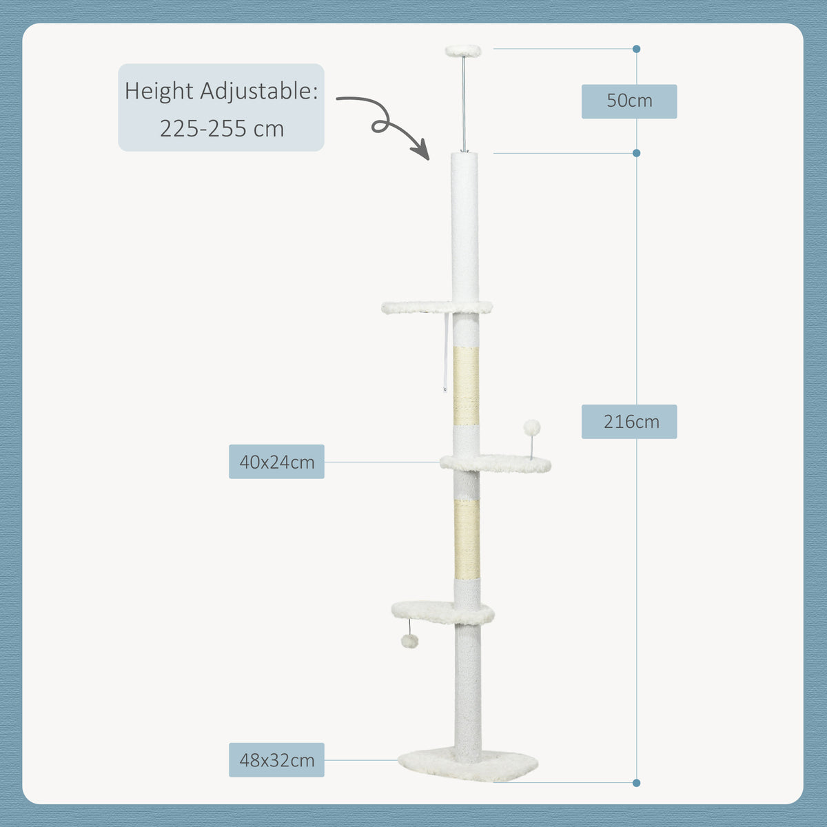 Árbol Rascador Para Gatos De Suelo A Techo Ajustable 48x32x225-255 Cm Blanco_2