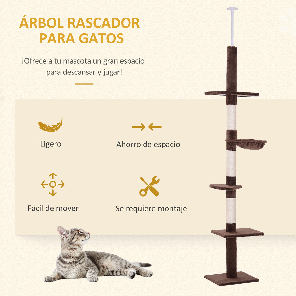 Pawhut Árbol Para Gatos De Suelo A Techo De 230-260 Cm Con Plataformas Marrón_3