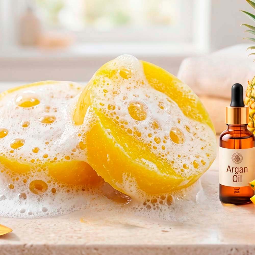 2 Esponjas Jabonosas Varios Usos. Aroma Piña. Ideal Para Viaje O Gym. Apta Todo Tipo De Piel. Con Aceite De Argán_2