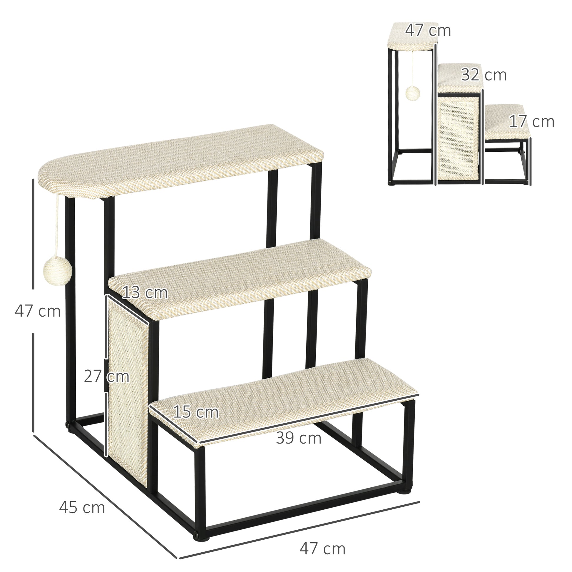 Pawhut Escalera Para Perros De 3 Niveles Con Bola Colgante 47x45x47 Cm Crema_2