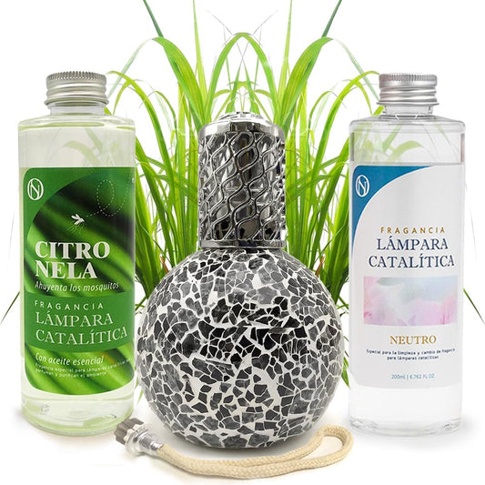 Pack Ahorro Lámpara Catalítica Mosaico Negro + Fragancia Citronela 200ml + Limpiador Neutro 200ml + Mecha De Repuesto_0