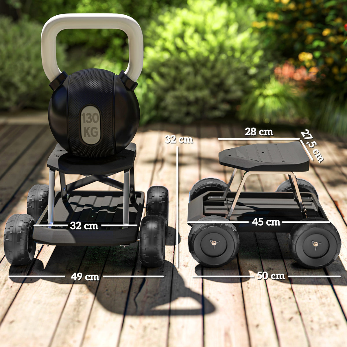 Asiento De Jardín Con Ruedas Con Bandeja De Herramientas Para Exterior Negro_2