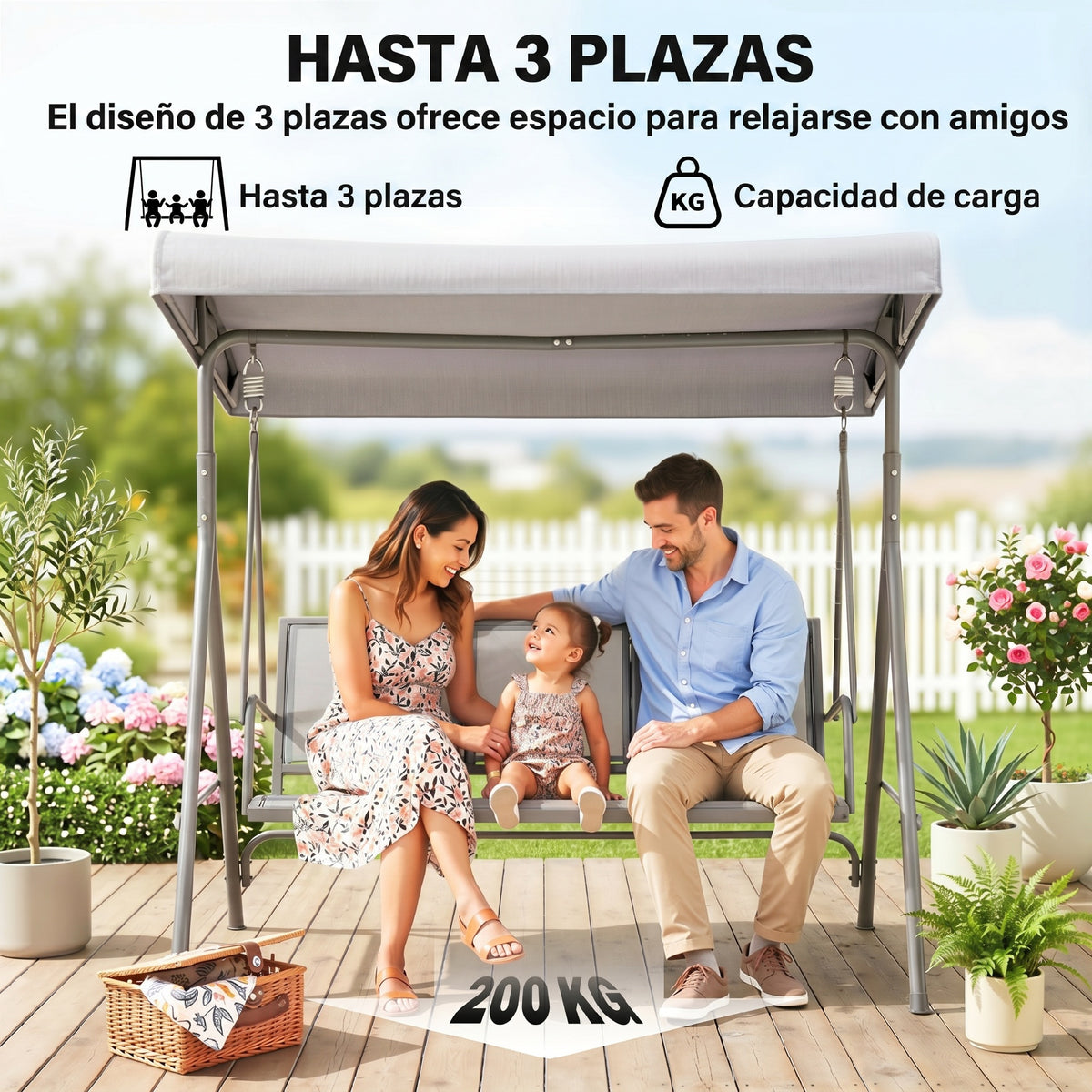 Outsunny Columpio Balancín De Jardín De 3 Plazas Con Techo Ajustable 175x118x159 Cm Gris_5