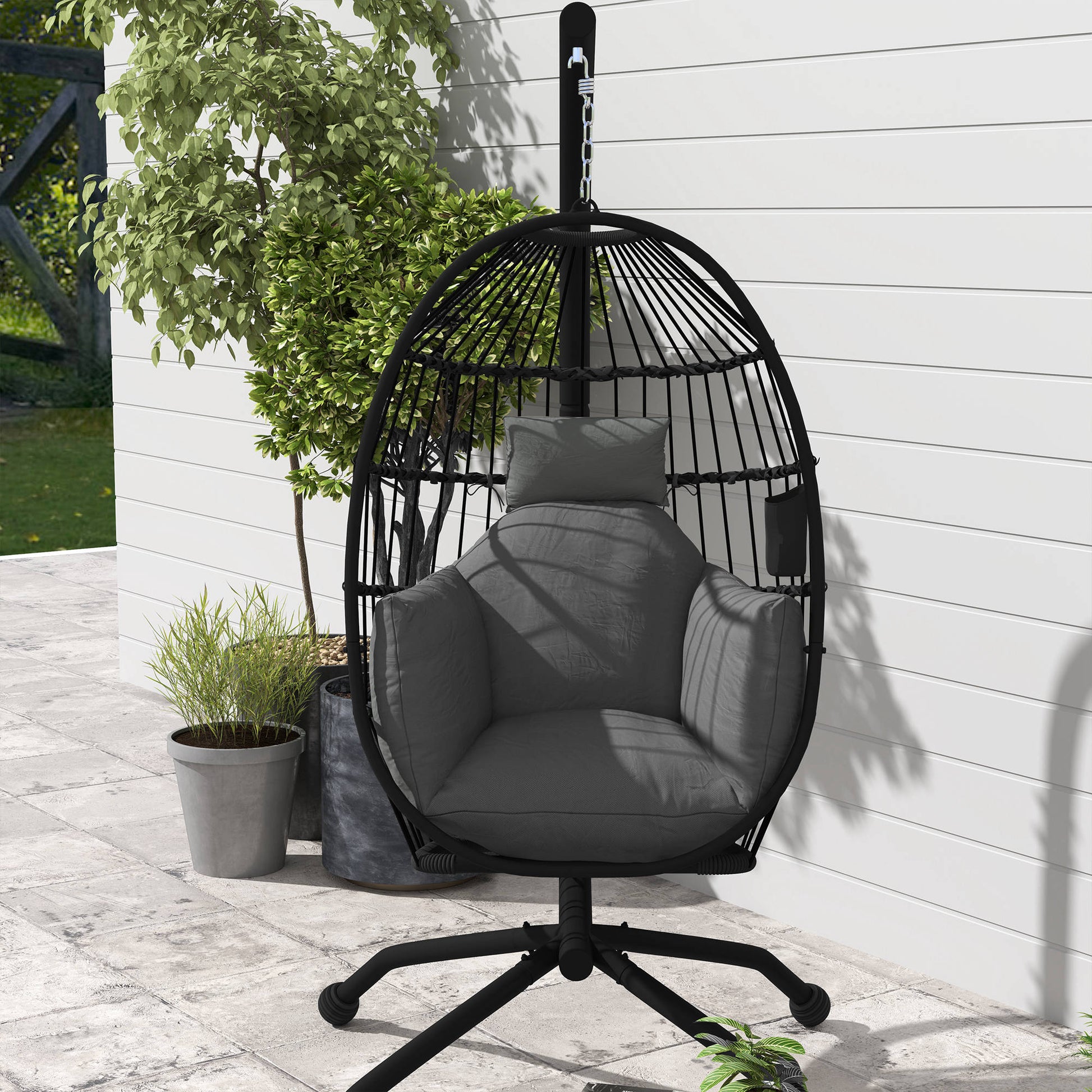 Outsunny Silla Colgante Huevo Con Soporte Cesta Plegable Cojín Carga 120kg Negro_1