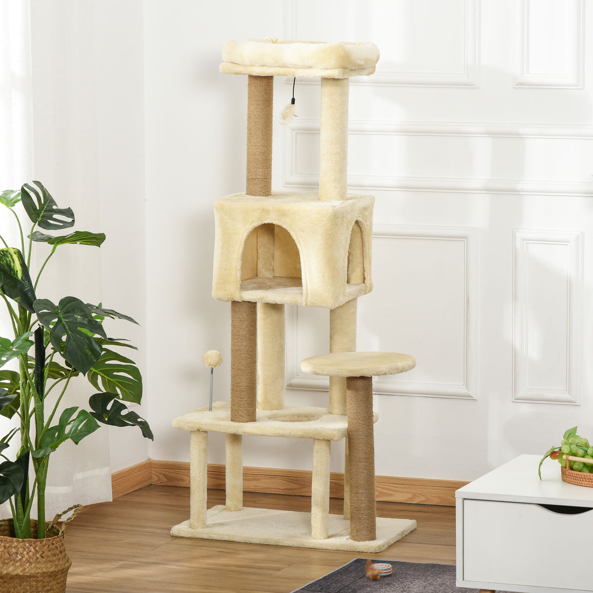 Pawhut Árbol Rascador De Gatos Grande 60x34x136cm Centro Actividades Plataformas_1