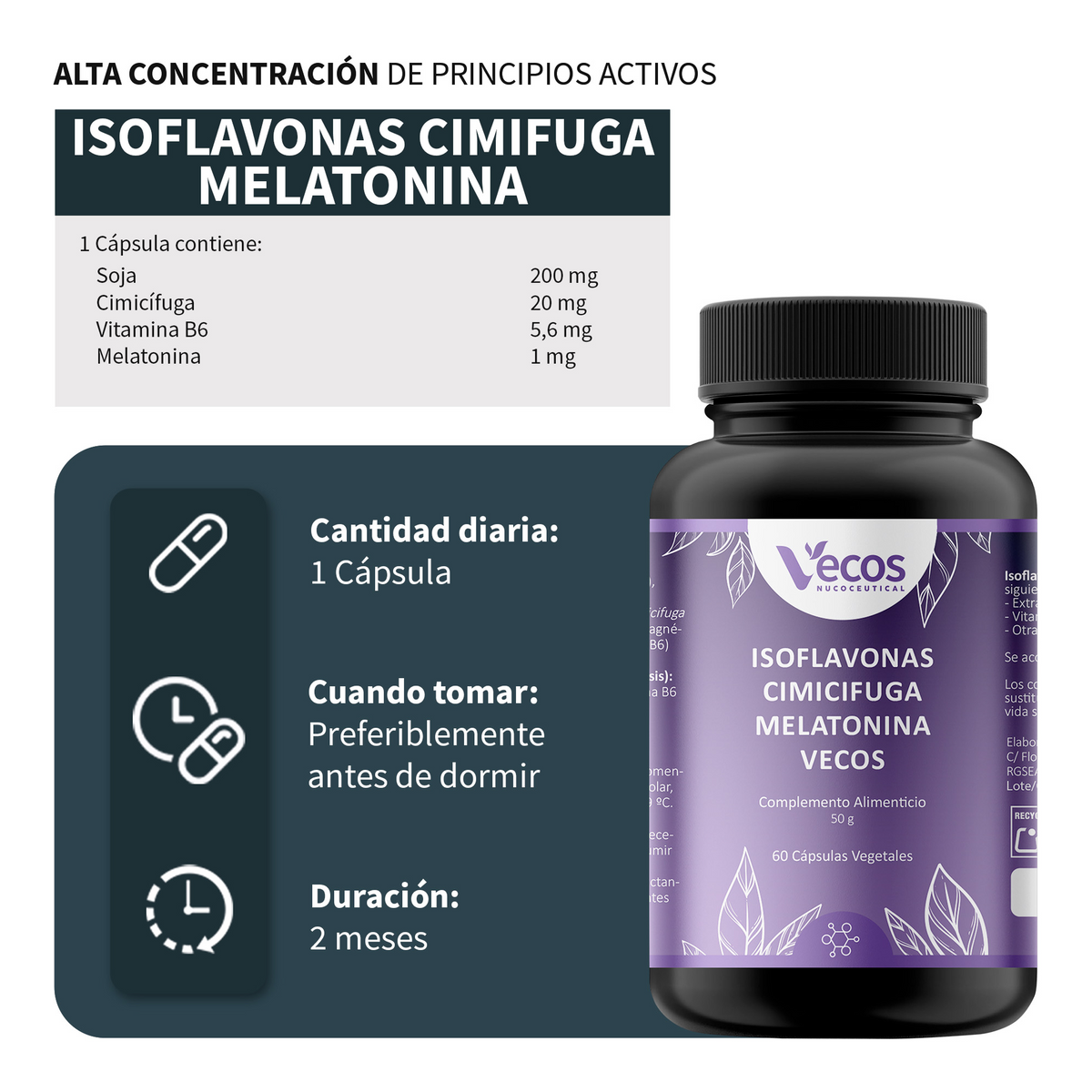 Isoflavonas + Cimicífuga + Melatonina Vecos 60 Cápsulas | Menopausia, Descanso Y Equilibrio Hormonal_2