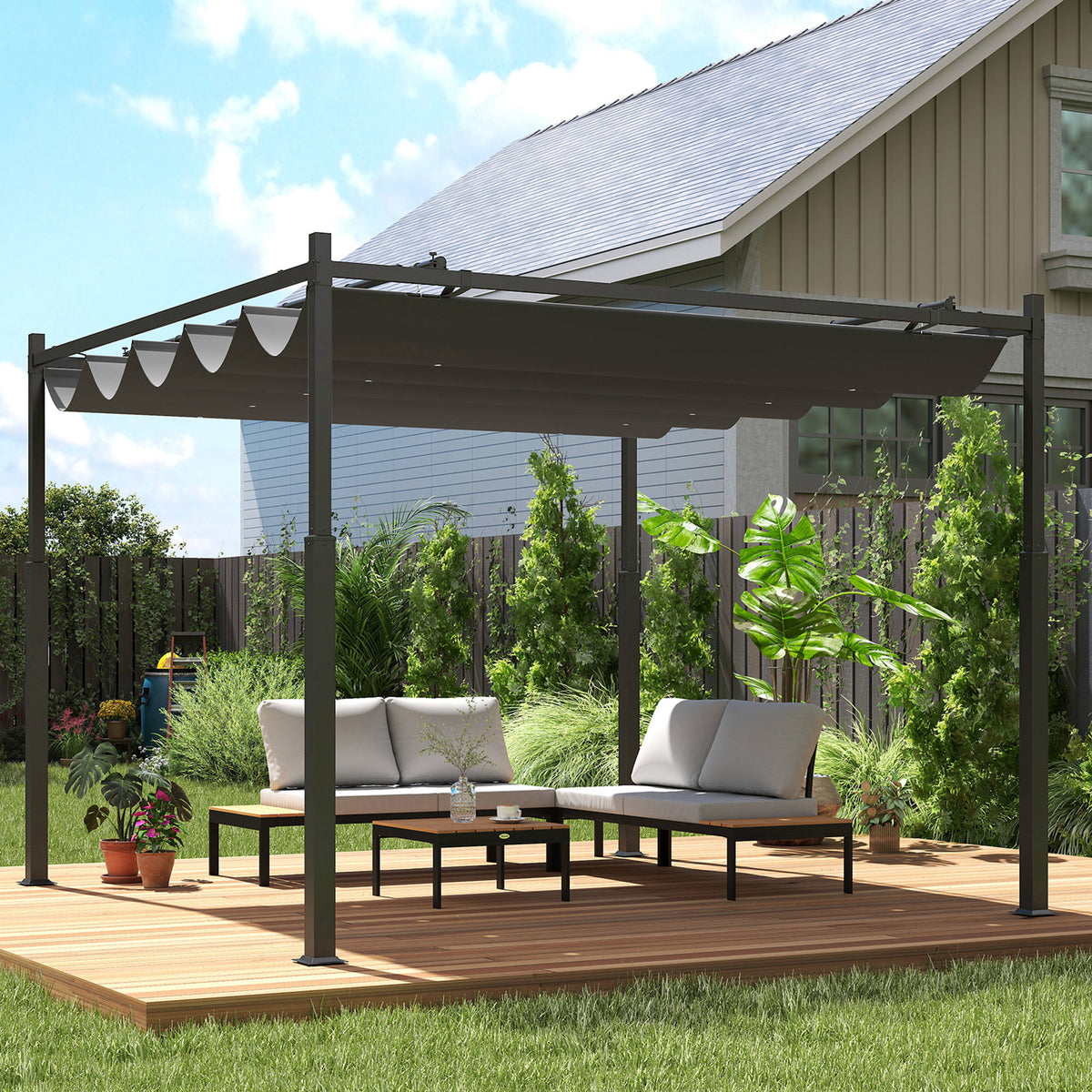 Outsunny Pérgola De Jardín 3x3 M Con Techo Retráctil Y Accesorio Magnético Gris_1
