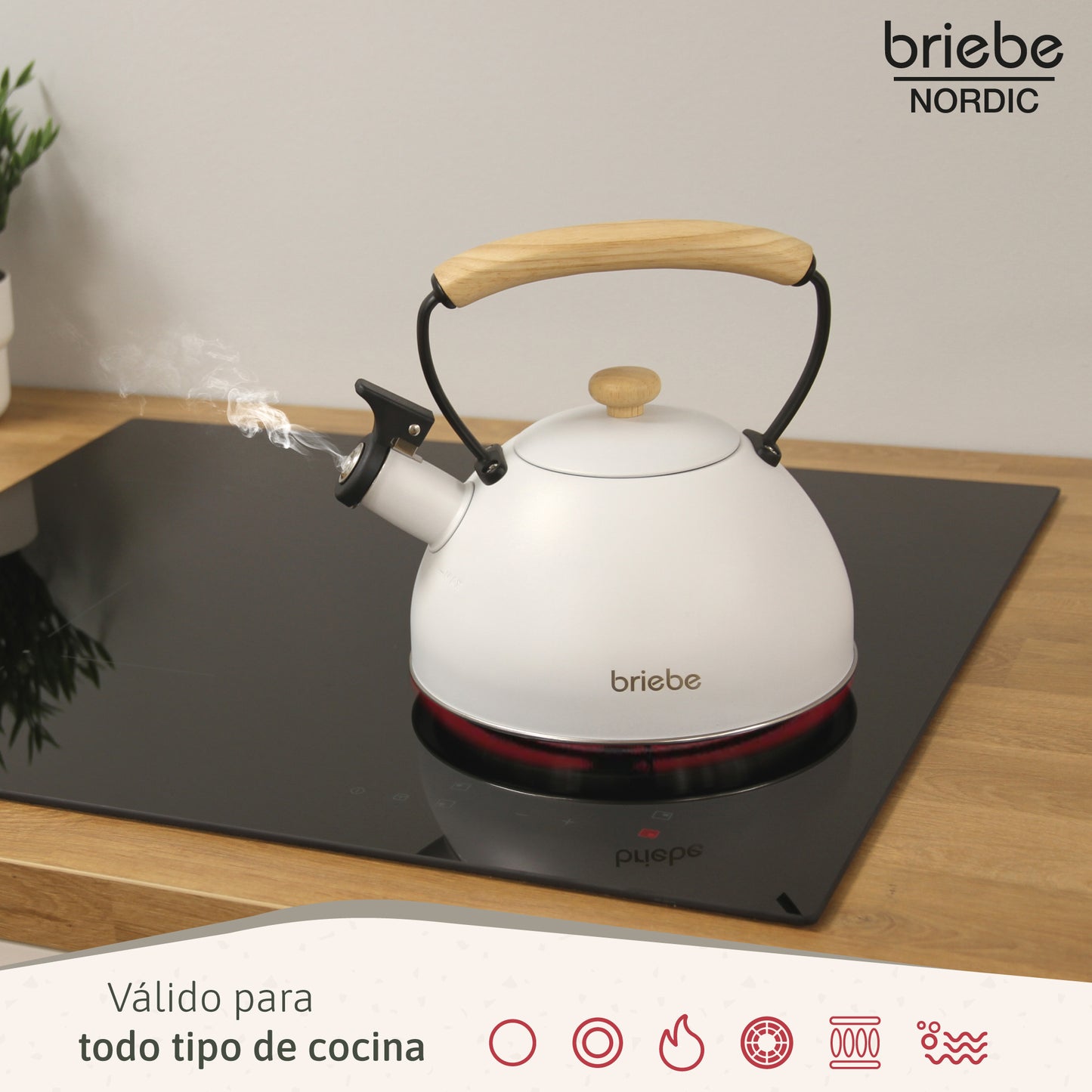 Briebe Tetera Con Silbato, Hervidor De Agua 2,3l, Inducción, Acero Inox, Vintage, Mango Madera, Nordic, Blanco_2