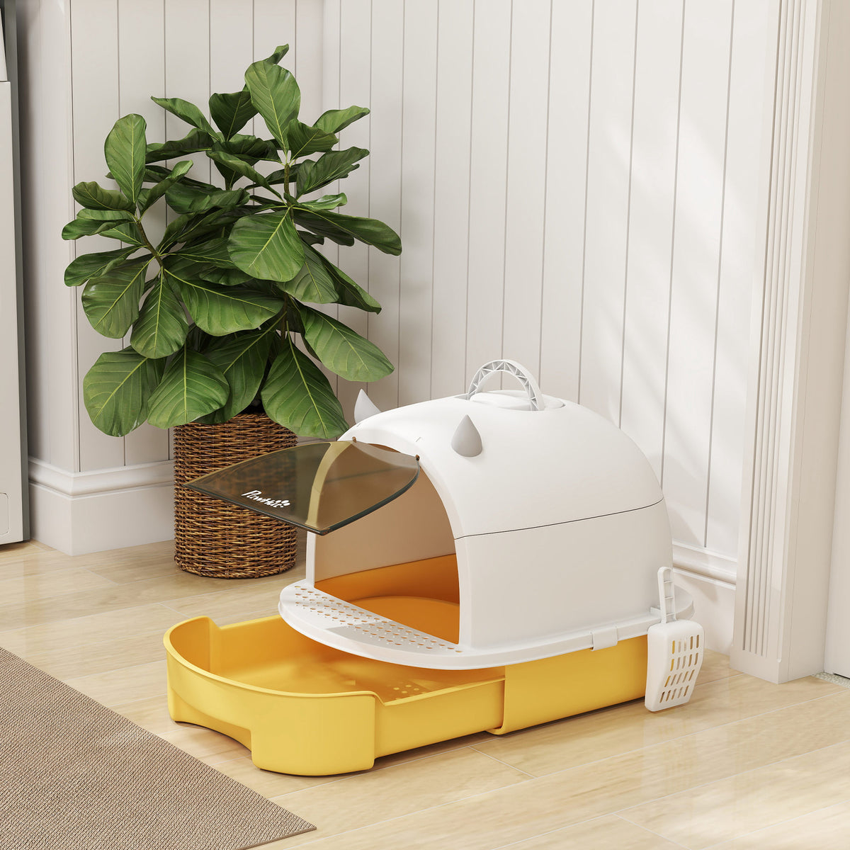 Pawhut Arenero Para Gatos Cubierto Con Bandeja Pala Y Asa Amarillo Y Blanco_1