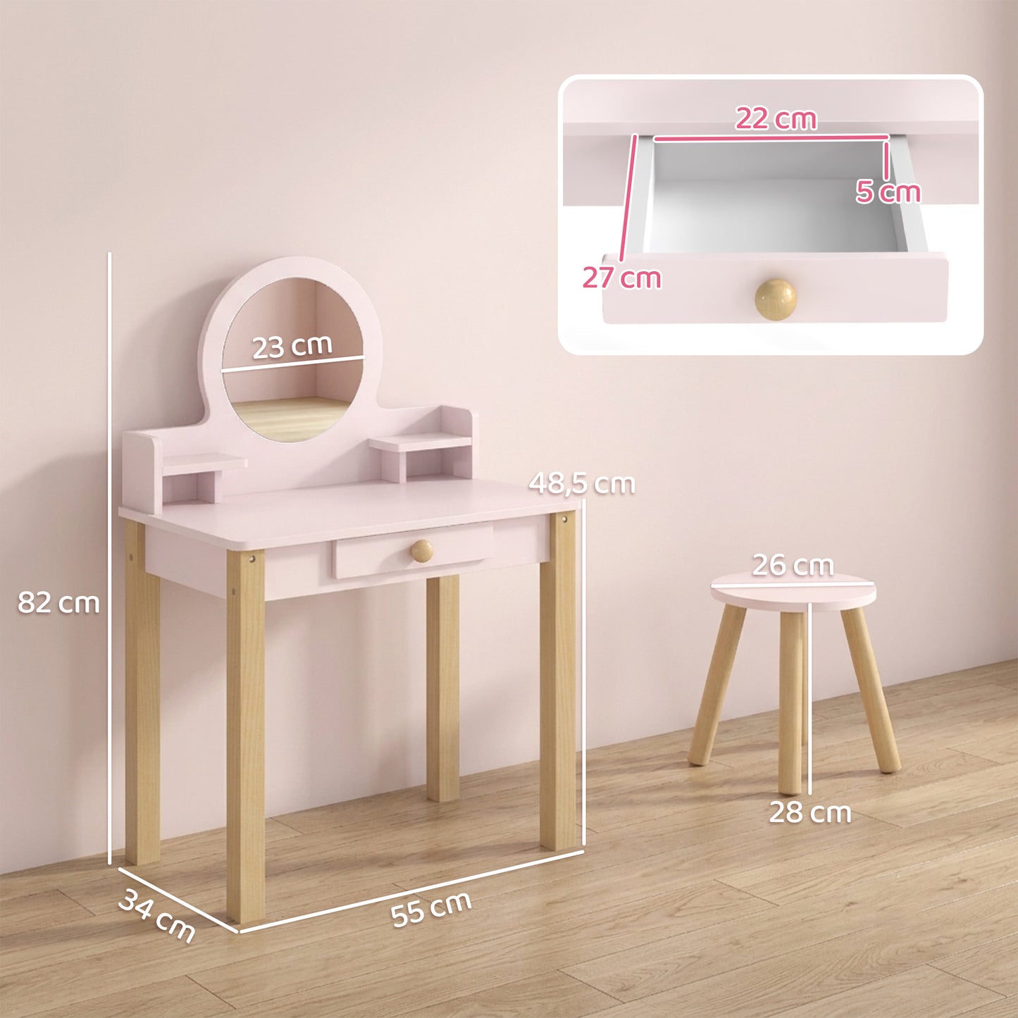 Aiyaplay Tocador De Maquillaje Niña Con Taburete Espejo Y Cajón Rosa_2