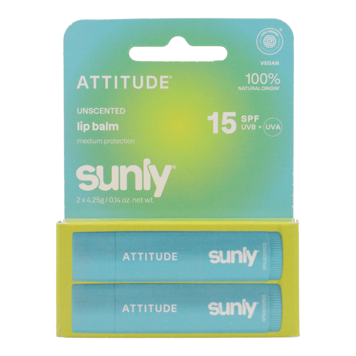 Lipbalm SPF 15 unscented duo pack Attitude Sunly (2x 4,25 g)
