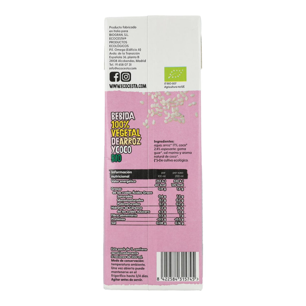 Pack 6x Bebida Vegetal De Arroz y Coco Bio sin azúcar añadido, Ecocesta, 1L