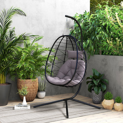 Outsunny Silla Colgante Huevo Con Soporte Con Cesta Plegable Cojín Gris_3
