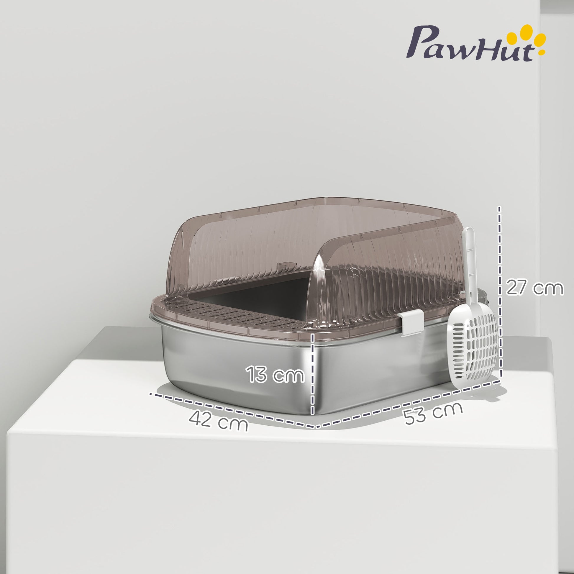 Pawhut Arenero Para Gatos Cubierto Con Bandeja De Acero Bordes Altos Y Pala Gris_2