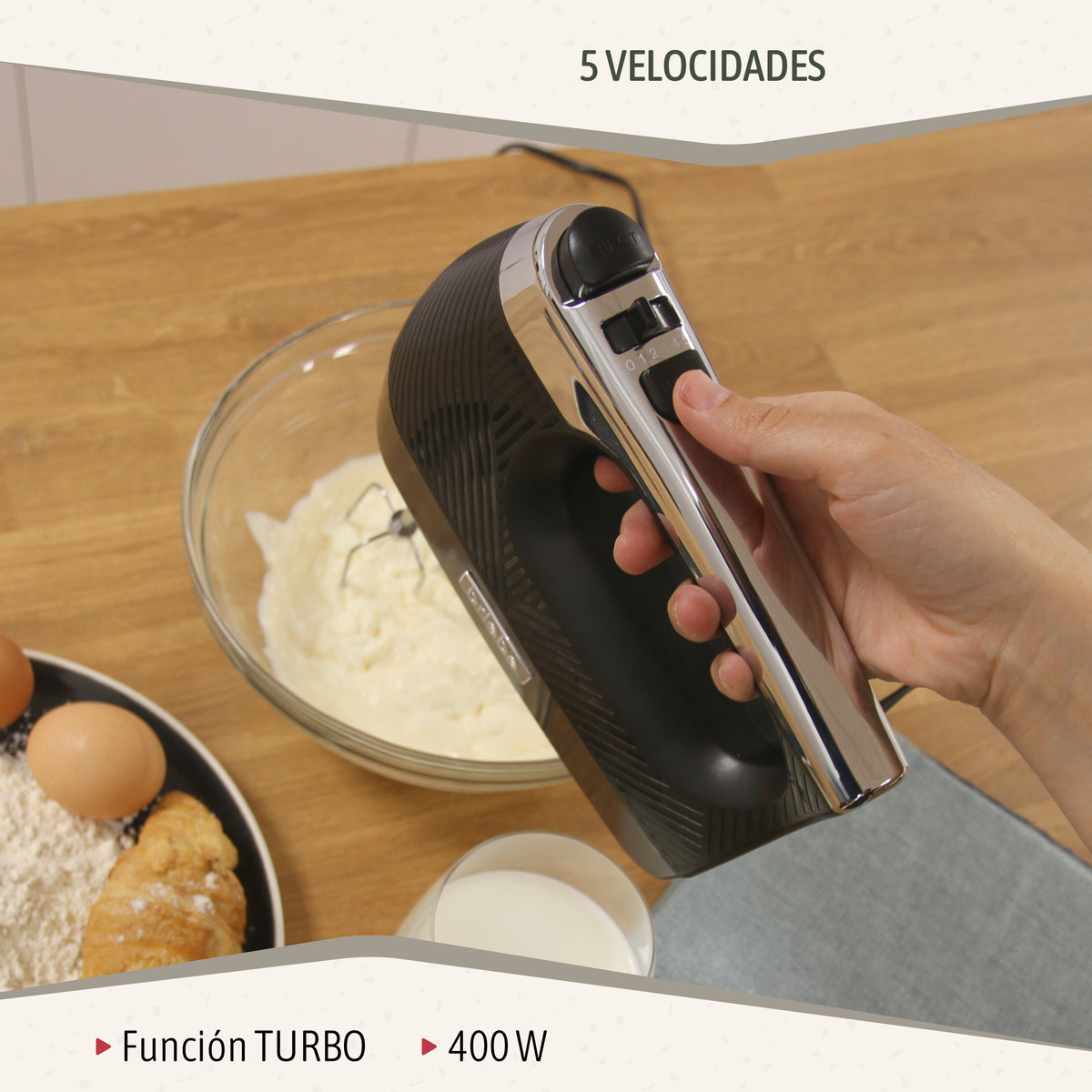 Briebe Batidora De Varillas Eléctrica 400w Amasadora De Mano Especial Repostería 5 Velocidades + Turbo, Hm1174blk_2