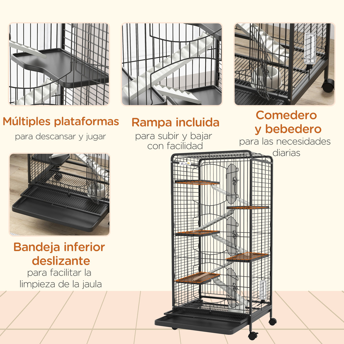 Pawhut Jaula Para Animales Pequeños De 6 Niveles Con Ruedas 61,5x44x131 Cm Negro_5