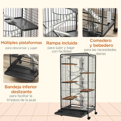 Pawhut Jaula Para Animales Pequeños De 6 Niveles Con Ruedas 61,5x44x131 Cm Negro_5
