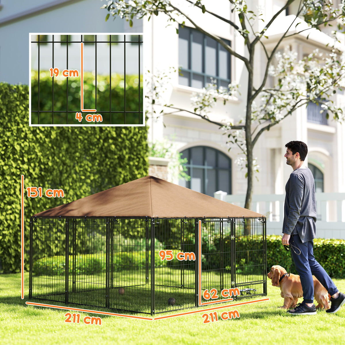 Pawhut Perrera Con Toldo Y 2 Cuencos Para Exterior 211x211x151 Cm Negro Y Café_2
