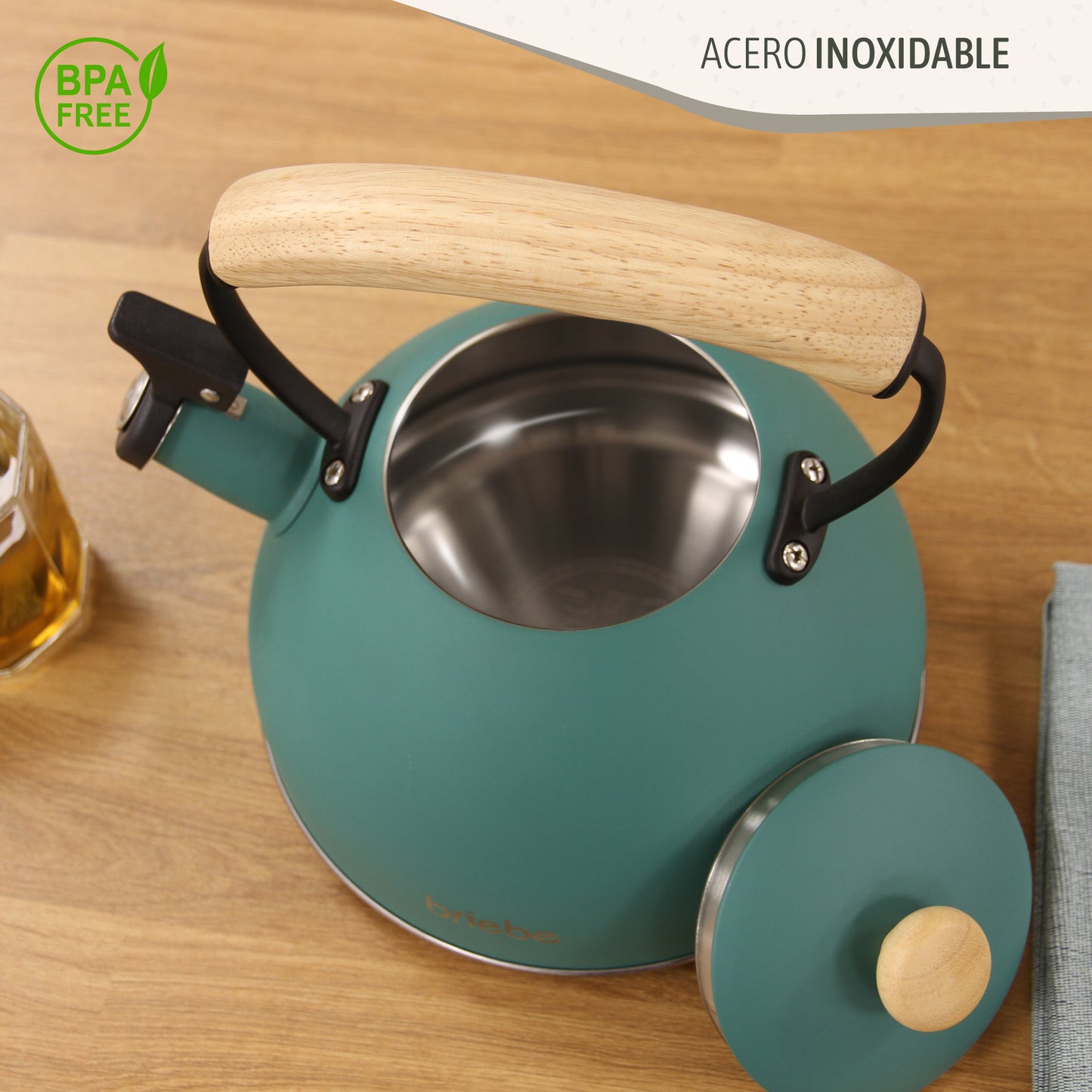 Briebe Tetera Con Silbato, Hervidor De Agua 2,3l, Inducción, Acero Inox, Vintage, Mango Madera, Nordic, Verde_3