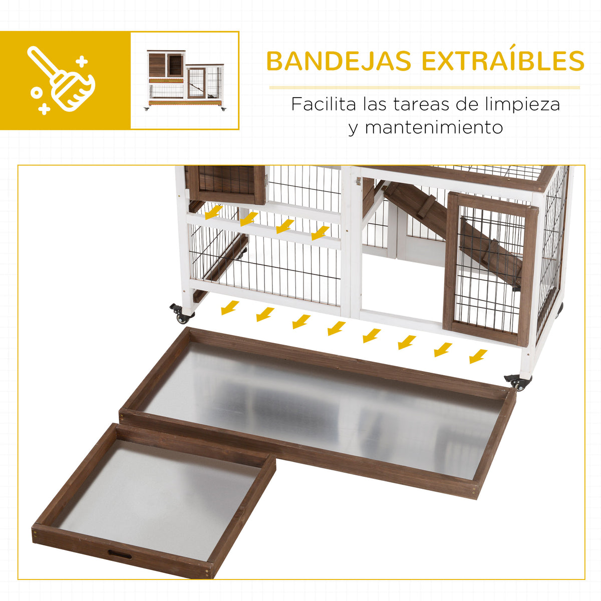Pawhut Conejera De Madera Interior Con Ruedas Y Bandejas Extraíbles 110x50x88 Cm_5