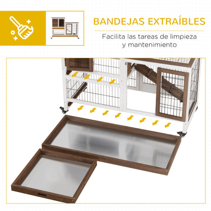 Pawhut Conejera De Madera Interior Con Ruedas Y Bandejas Extraíbles 110x50x88 Cm_5
