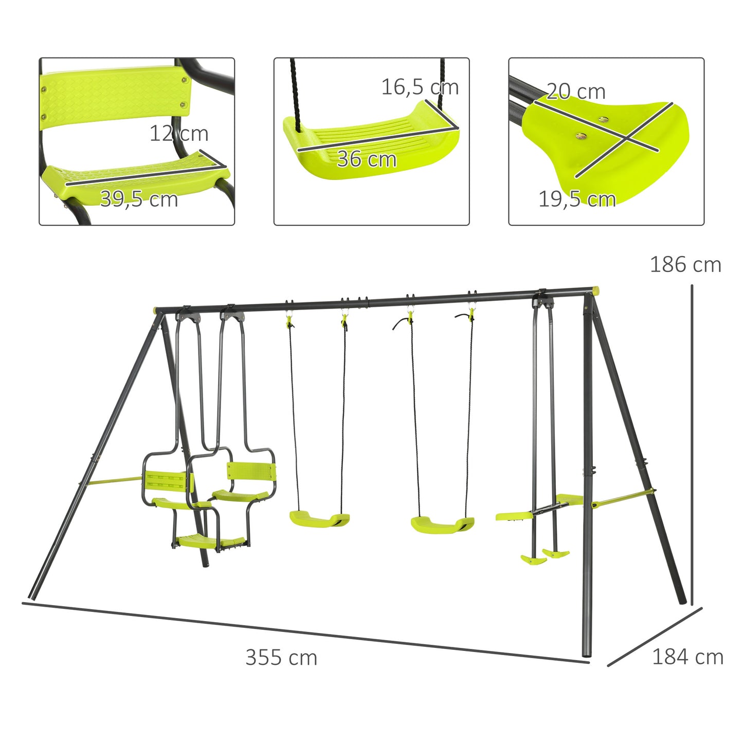 Outsunny Juego De Columpio Infantil Exterior Con 2 Columpios 355x184x186cm Verde_2