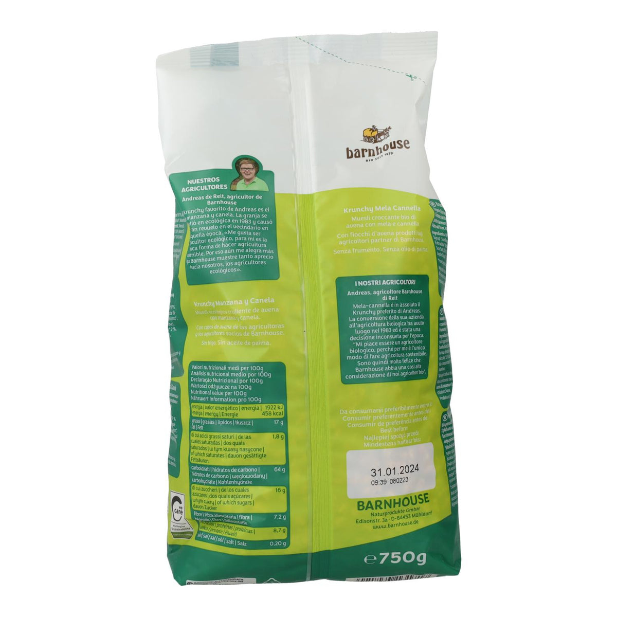 Pack 2x Muesli Krunchy Manzana y Canela BIO, Barnhouse, 750 gr