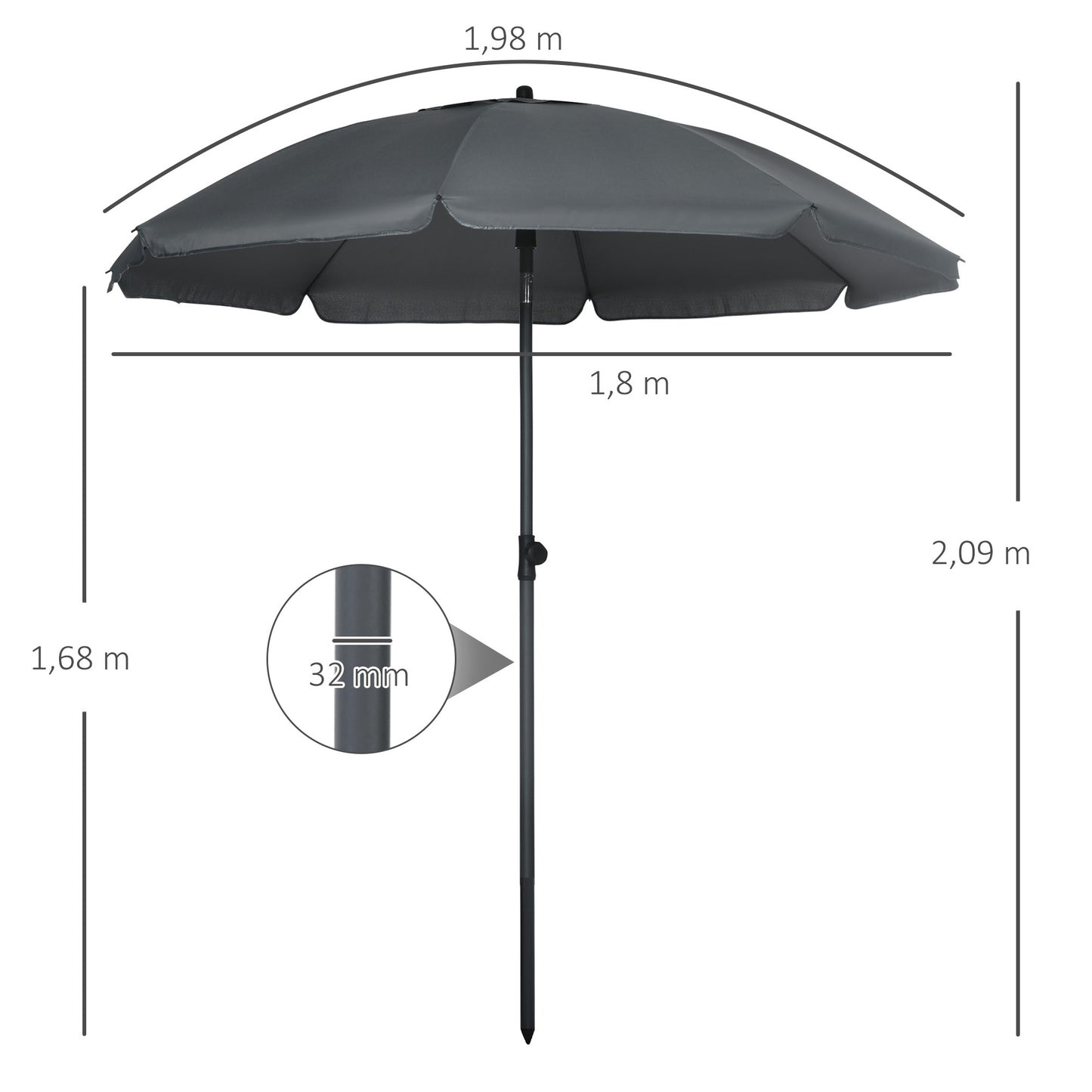 Outsunny Sombrilla De Playa Grande Ø180 Cm Con Ángulo Ajustable Gris Oscuro_2