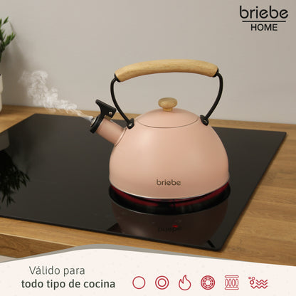 Briebe Tetera Con Silbato, Hervidor De Agua 2,3l, Inducción, Acero Inox, Vintage, Mango Madera, Pastel, Rosa_2