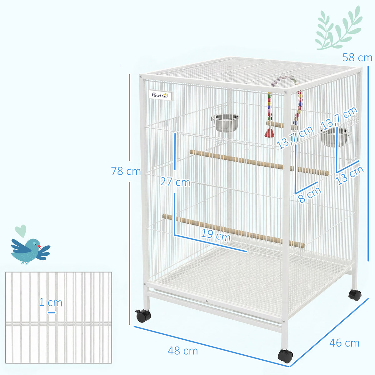 Pawhut Jaula Para Pájaros Con Ruedas Comederos Perchas 48x46x78 Cm Blanco_2