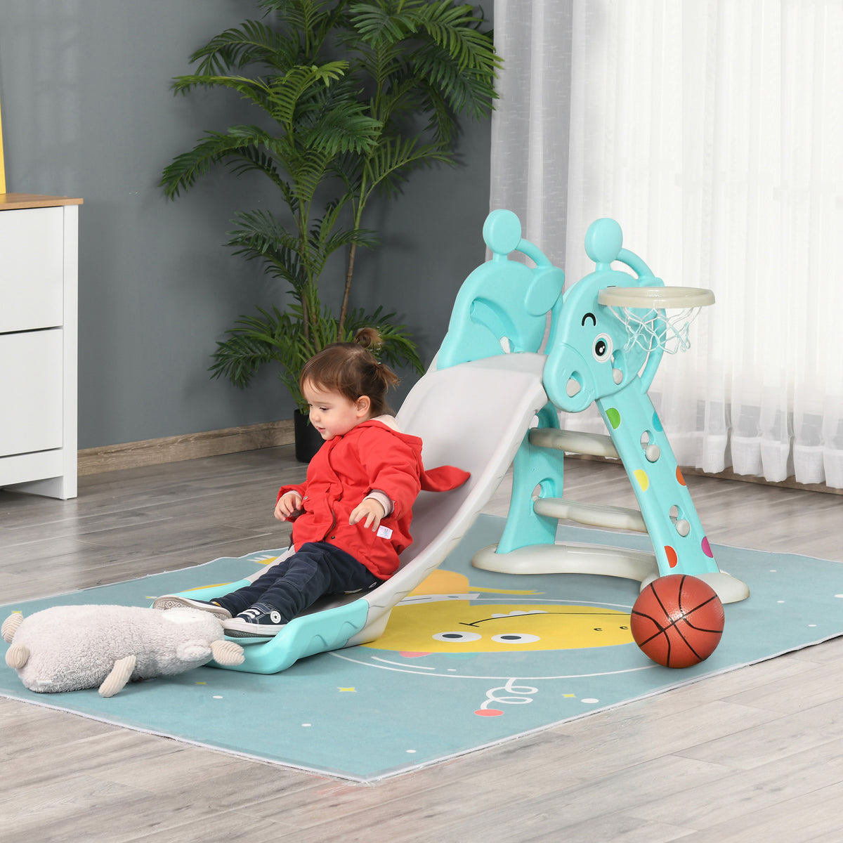 Homcom Tobogán Para Niños +18 Meses Plegable Con Canasta De Baloncesto Modelo_1