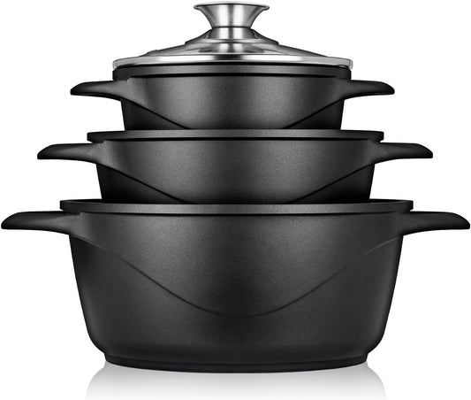 Briebe Batería De Cocina Inducción 6 Piezas Aluminio Fundido 3 Ollas Con Tapa De Cristal Antiadherente, Mgk-18, Negro_0