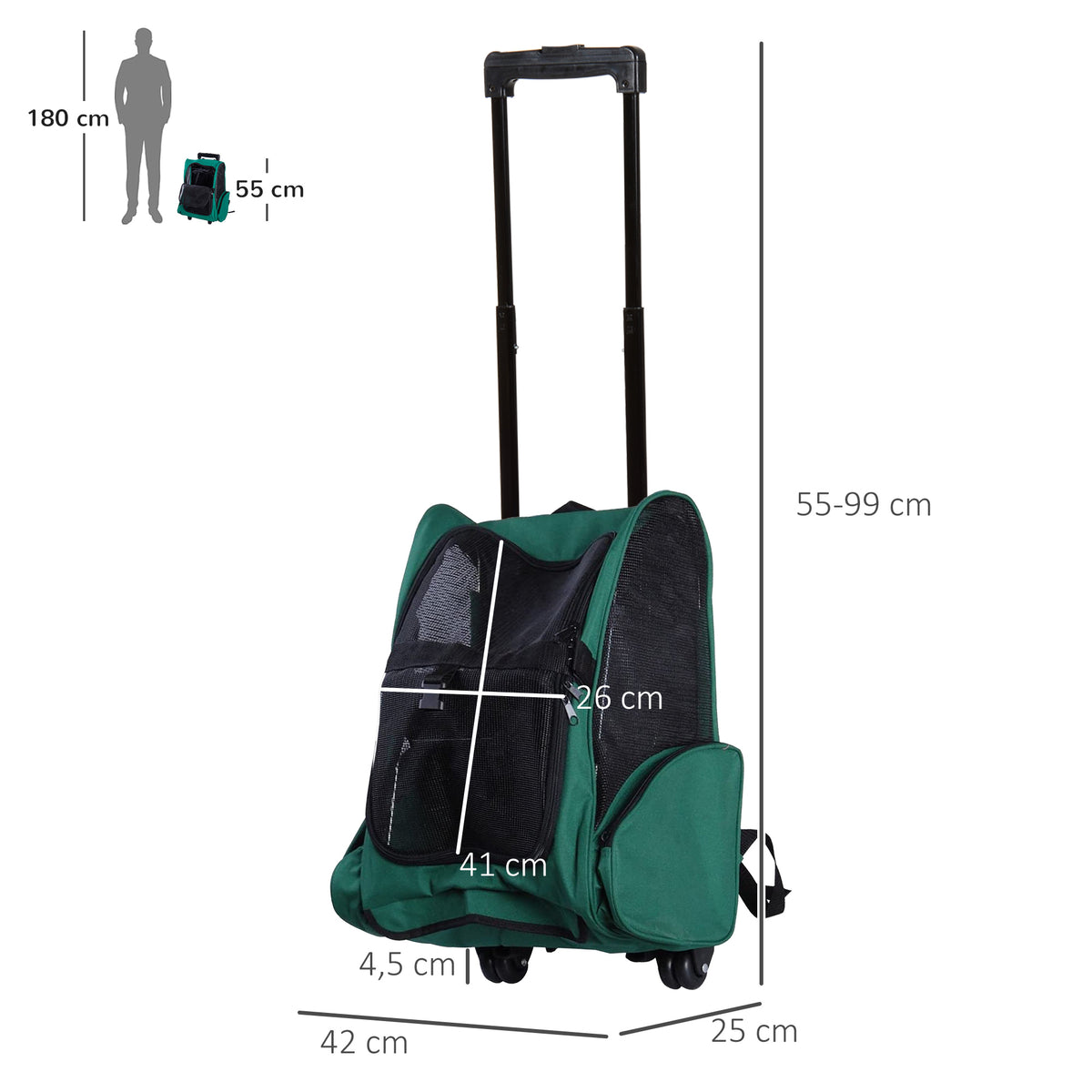 Pawhut Transportín 2 En 1 Para Mascotas Carrito Mochila Ruedas 42x25x55 Cm Verde_2