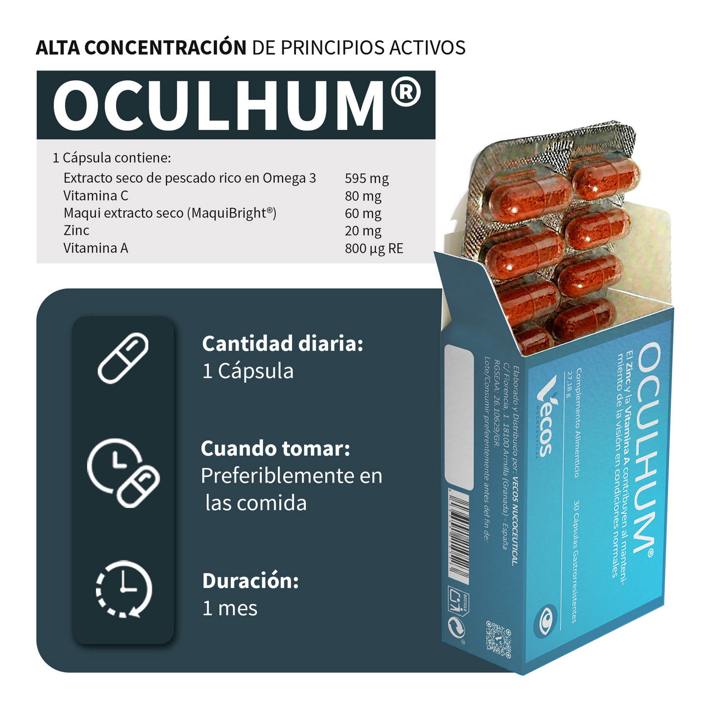 Oculhum Vecos 30 Cápsulas | Vista Y Salud Ocular | Dha, Maquibright®, Zinc Y Vitamina A_2