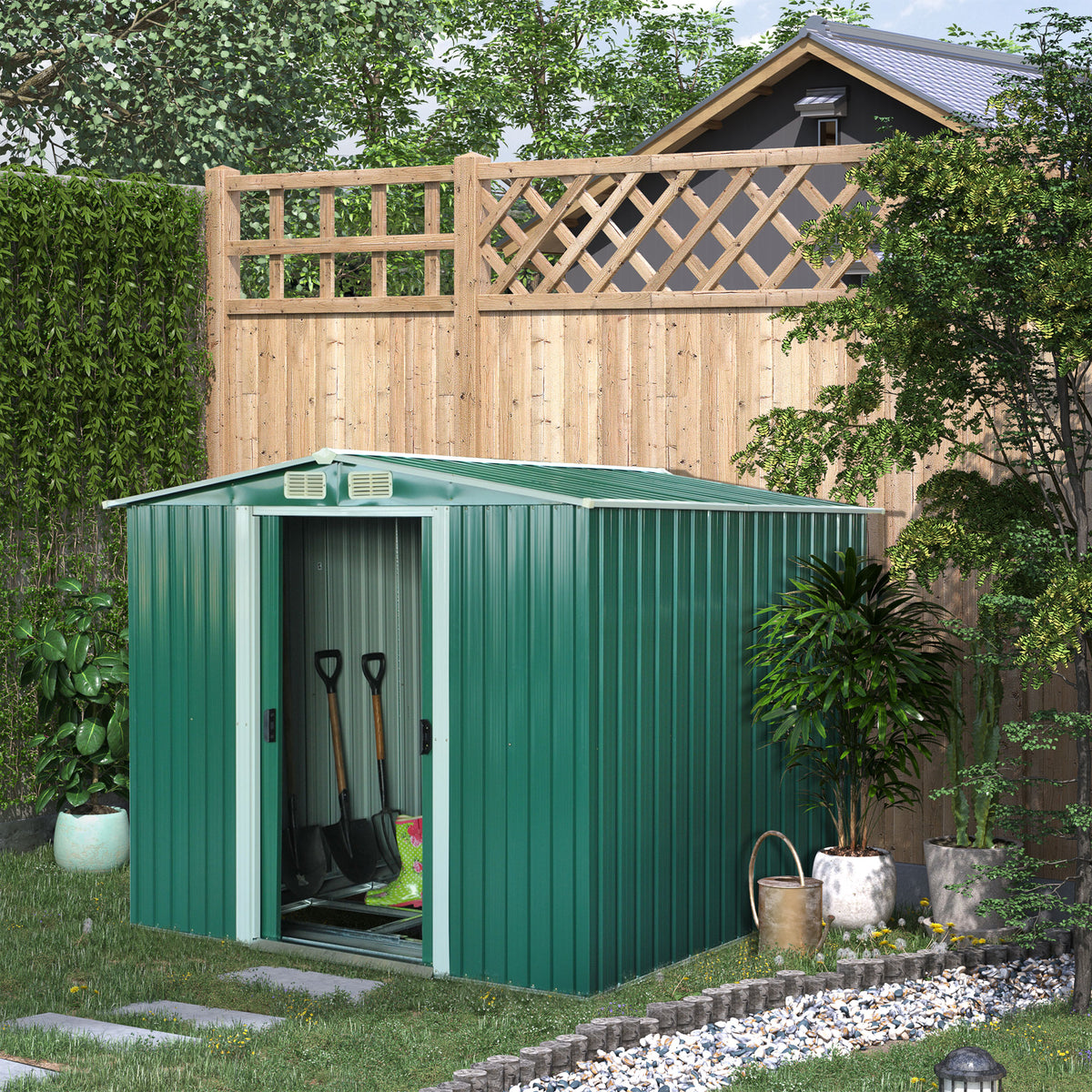 Cobertizo Jardín Con Puertas Correderas Outsunny 258x206x178 Cm Verde_1